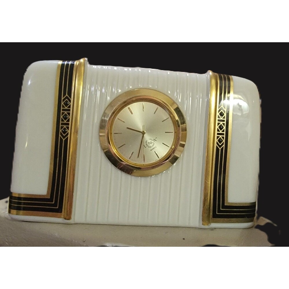 Lenox Art Deco Clock Langdon Gate Porcelain  3.5" x 5" MINT! Black Gold Creme